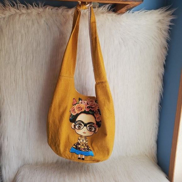 Frida Kalo Yellow Embroidered Women's Tote Bag - Picture 2 of 7